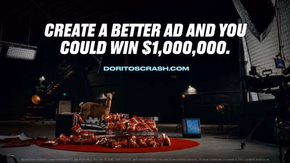 Doritos Crash the Super Bowl campaign set with a goat, Doritos bags and filming equipment