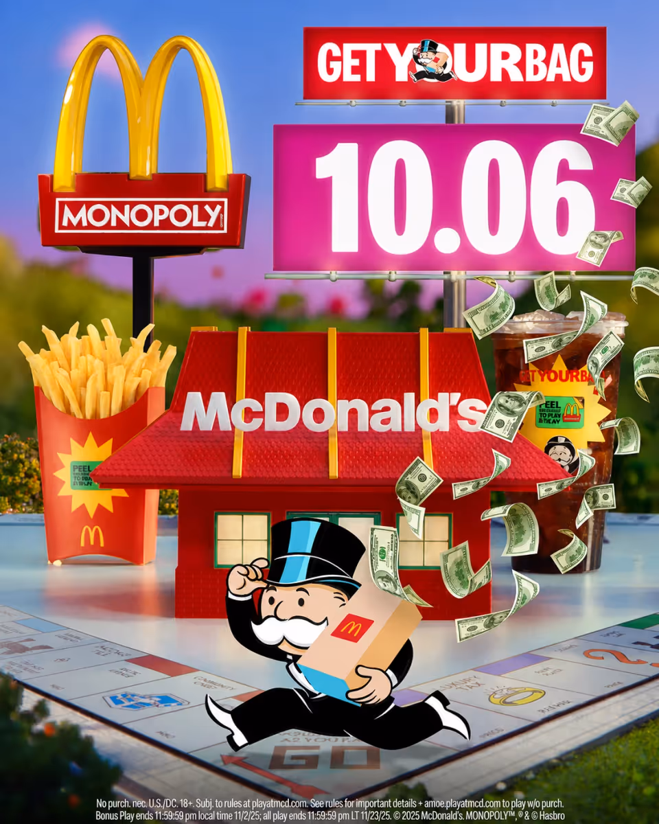 McDonald's Monopoly campaign artwork with the Monopoly character and McDonald's products